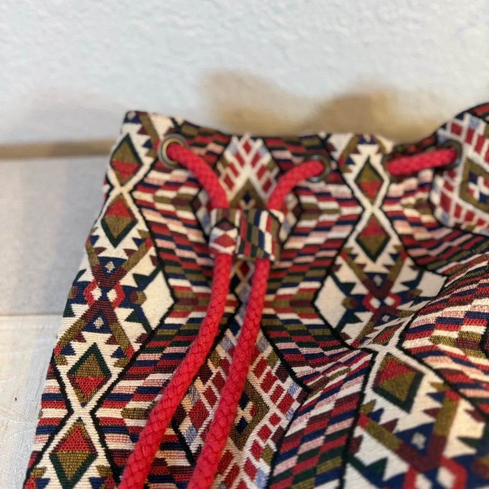 Woven Tapestry Aztec Patterned Drawstring Backpack. 15x15.‎ Multicolor
